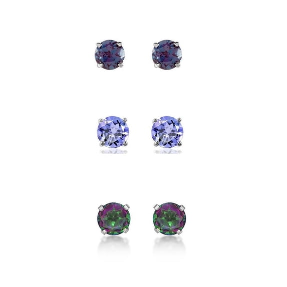 Bonjour Jewelers 18k White Gold Plated 3Ct Created Alexandrite, Tanzanite And Mystic Topaz 3 Pair Round Stud Earrings