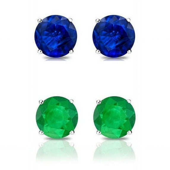Bonjour Jewelers 18k White Gold Plated 4Ct Created Blue Sapphire And Emerald 2 Pair Round Stud Earrings
