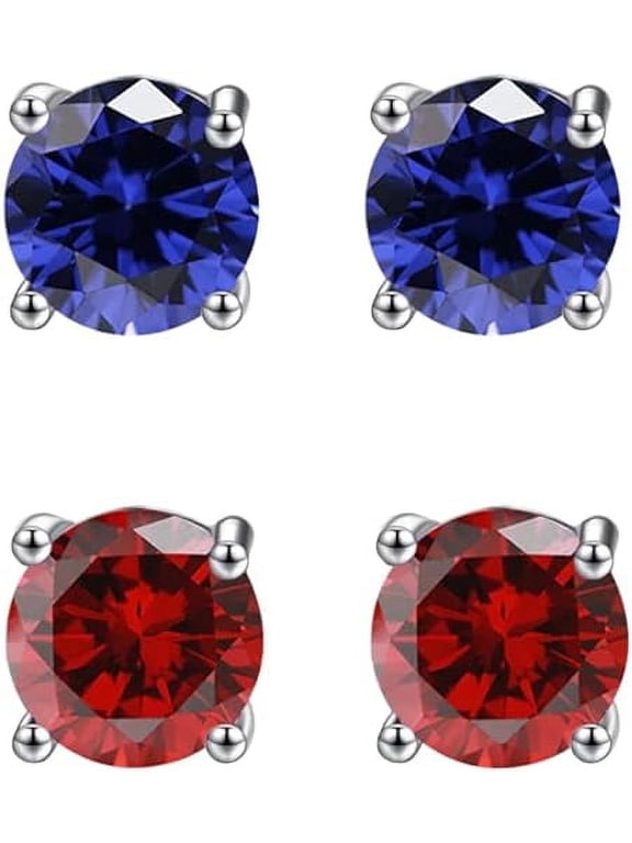 18k White Gold Plated 4Ct Created Blue Sapphire And Ruby 2 Pair Round Stud Earrings