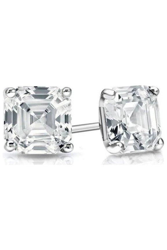 18k White Gold Plated 6mm 2Ct Asscher Cut White Sapphire Stud Earrings