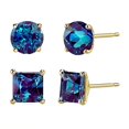 thumbnail image 1 of Bonjour Jewelers 18k Yellow Gold 2 Pair Created Alexandrite 4mm Round & Princess Cut Stud Earrings Plated, 1 of 3