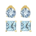 thumbnail image 1 of Bonjour Jewelers 18k Yellow Gold 2 Pair Created Aquamarine 6mm Round & Princess Cut Stud Earrings Plated, 1 of 3