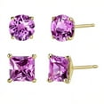 thumbnail image 1 of Bonjour Jewelers 18k Yellow Gold 2 Pair Created Pink Sapphire 6mm Round & Princess Cut Stud Earrings Plated, 1 of 3