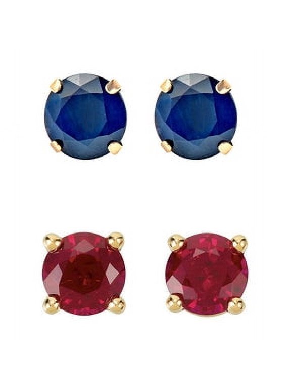 18k Yellow Gold Plated 1/2Ct Created Blue Sapphire And Ruby 2 Pair Round Stud Earrings