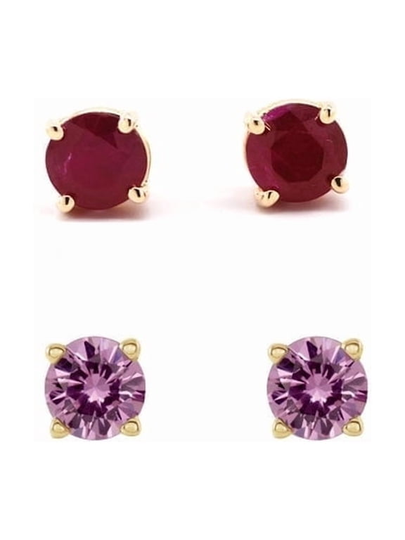 18k Yellow Gold Plated 1/2Ct Created Ruby And Pink Sapphire 2 Pair Round Stud Earrings