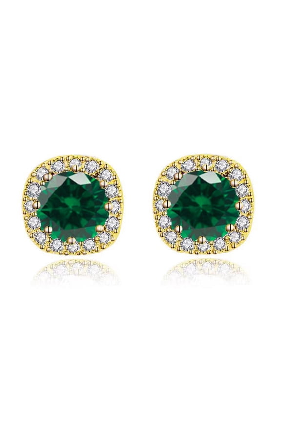 18k Yellow Gold Plated 1/4 Carat Created Halo Round Emerald Stud Earrings 4mm
