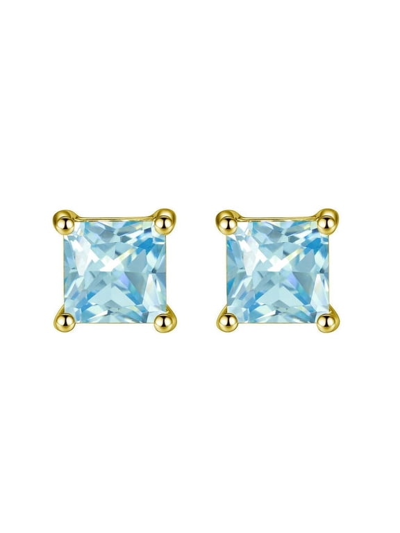 18k Yellow Gold Plated 1/4 Carat Princess Cut Created Blue Topaz Stud Earrings 4mm