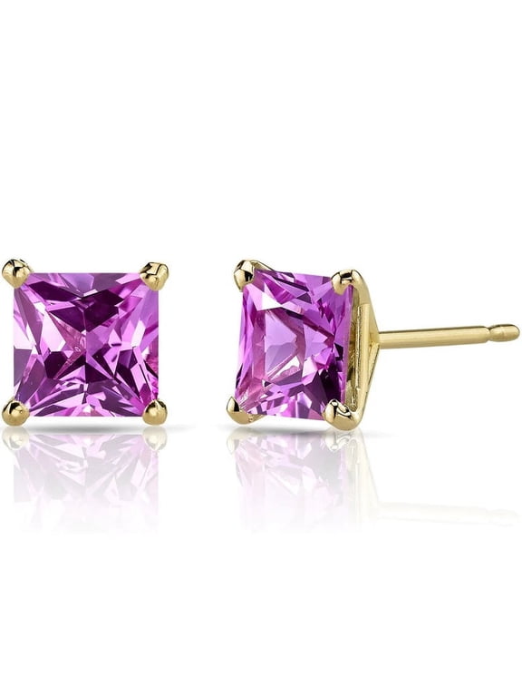 18k Yellow Gold Plated 1/4 Carat Princess Cut Created Pink Sapphire Stud Earrings 4mm