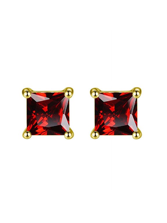 18k Yellow Gold Plated 1/4 Carat Princess Cut Created Ruby Stud Earrings 4mm