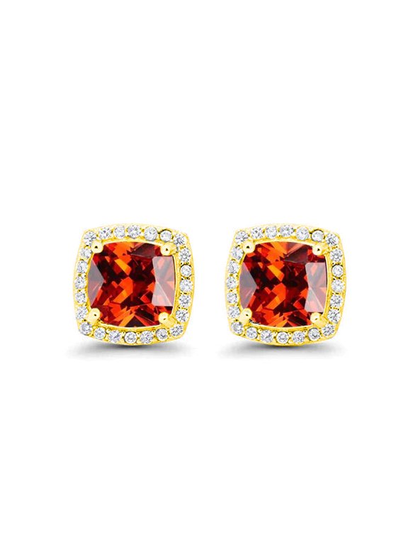 18k Yellow Gold Plated 1/4 Ct Created Halo Princess Cut Ruby Stud Earrings 4mm