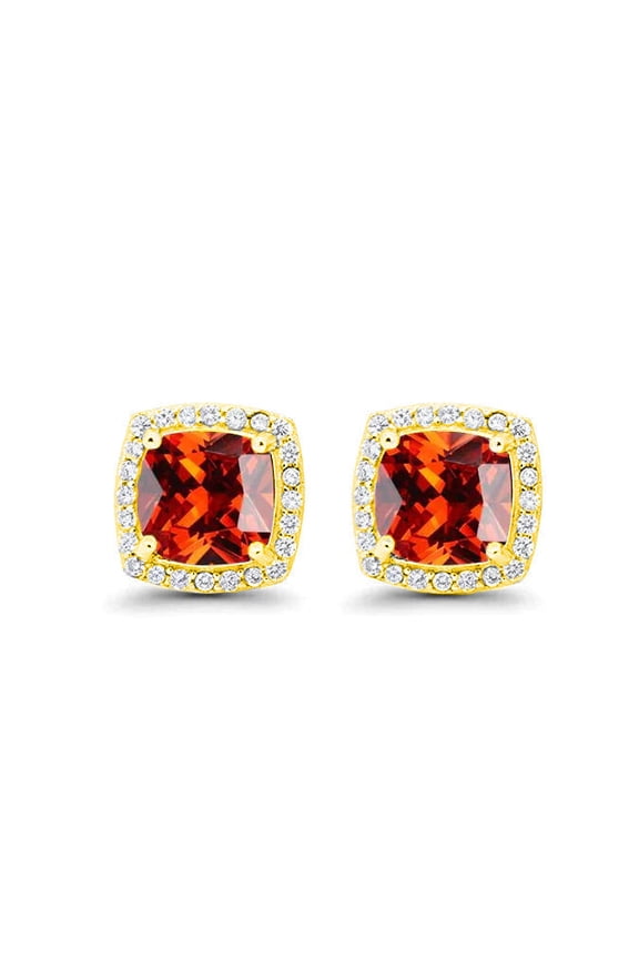 18k Yellow Gold Plated 1/4 Ct Created Halo Princess Cut Ruby Stud Earrings 4mm