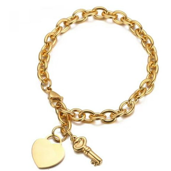Bonjour Jewelers 18k Yellow Gold Shiny Heart & Key Charm Toggle Bracelet Plated