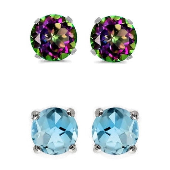 Bonjour Jewelers 24k White Gold Plated 1Ct Created Mystic Topaz And Blue Topaz 2 Pair Round Stud Earrings