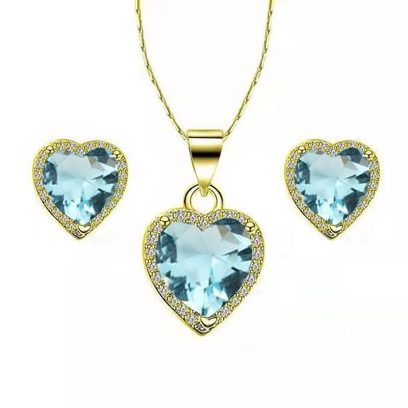 Bonjour Jewelers 24k Yellow Gold Heart 4 Ct Created Aquamarine Full Set Necklace 18 inch Plated