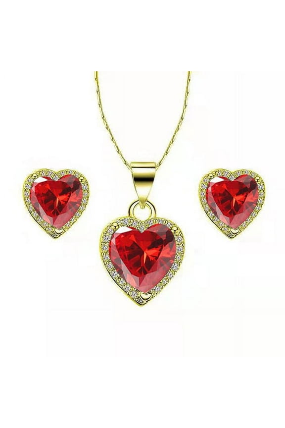 24k Yellow Gold Heart 4Ct Created Ruby Full Set Necklace 18 inch Plated