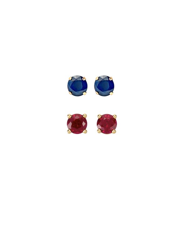 24k Yellow Gold Plated 1/2Ct Created Blue Sapphire And Ruby 2 Pair Round Stud Earrings