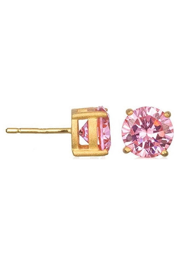 Yellow Gold Plated 8MM Round Pink CZ Stud Earrings