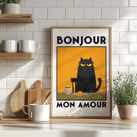 Bonjour Mon Amour Black Cat Chat Noir Retro French Breakfast Decor Lover Poster Wall Art Print