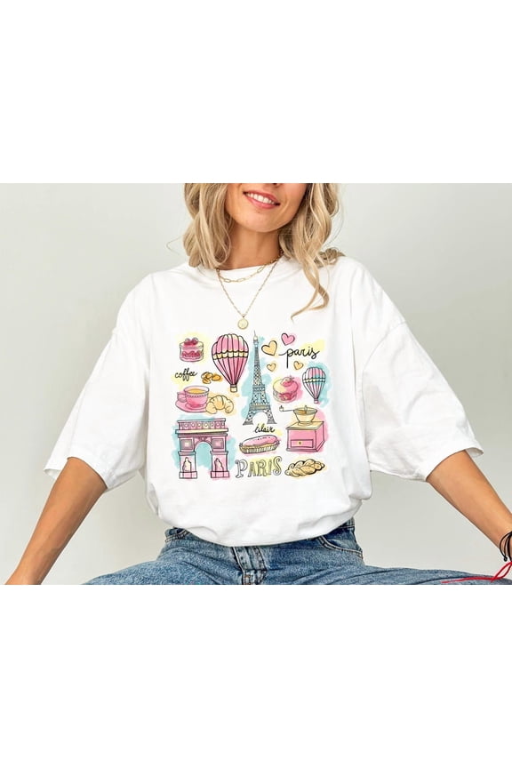 Bonjour Paris Eiffel Tower French Travel Graphic T-Shirt All Size S-3XL