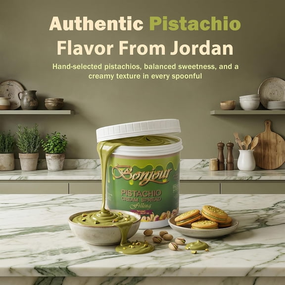 Bonjour Pistachio Cream for Dubai Chocolate, Filling, Topping & Bread - Non-GMO, No Palm Oil - Premium Smooth 1kg Bulk Jar Pistachio Butter Spread Paste for Bakery, Wholesale & Restaurant, 2.20 LB