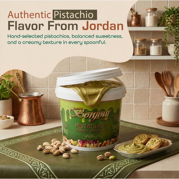 Bonjour Pistachio Cream for Dubai Chocolate, Filling, Topping & Bread - Non-GMO, No Palm Oil - Premium Smooth 5kg Bulk Jar Pistachio Butter Spread Paste for Bakery, Wholesale & Restaurant, 11.02 LB