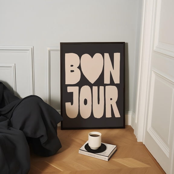 Bonjour Print Black & White Retro Wall Art Print Trendy French Wall Art, Bold Typography Poster 18X24, 24X36, 50X70, Oversized Art Wall Art, Modern Wall Decor, 8x12 UNFRAMED