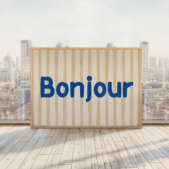 Bonjour Print French Hallway Poster French Hello Cafe Poster Parisian Chic Wall Art Yellow Blue Stripes Horizontal