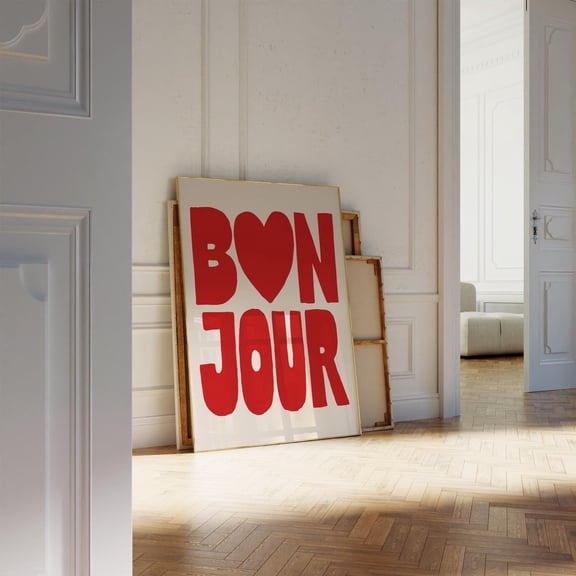 Bonjour Wall Art Red Retro Wall Art, Trendy French Wall Art Print Good Morning Quote Print, Modern Bold Typography Poster French Poster Wall Art, Modern Wall Decor, 8x12 UNFRAMED