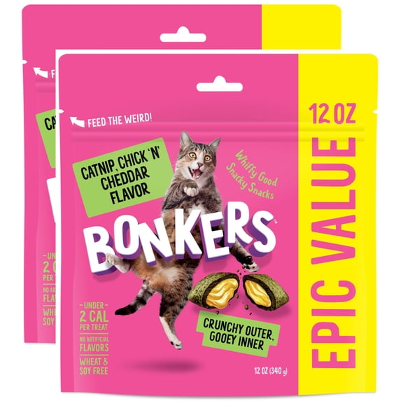 Bonkers Crunchy and Soft Cat Treats Catnip, Chick N' Cheddar Flavor 12oz Epic 2 Pack