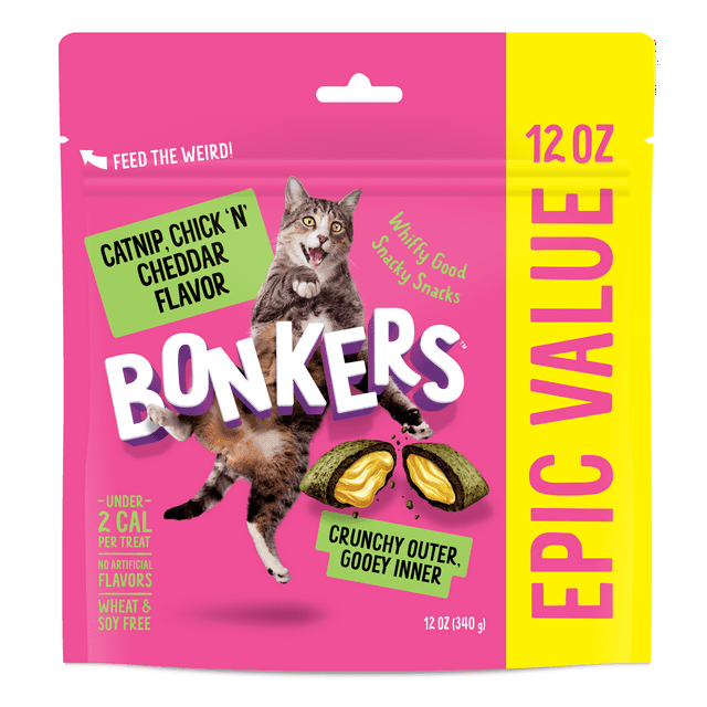 Bonkers Crunchy and Soft Cat Treats Catnip, Chick N' Cheddar Flavor