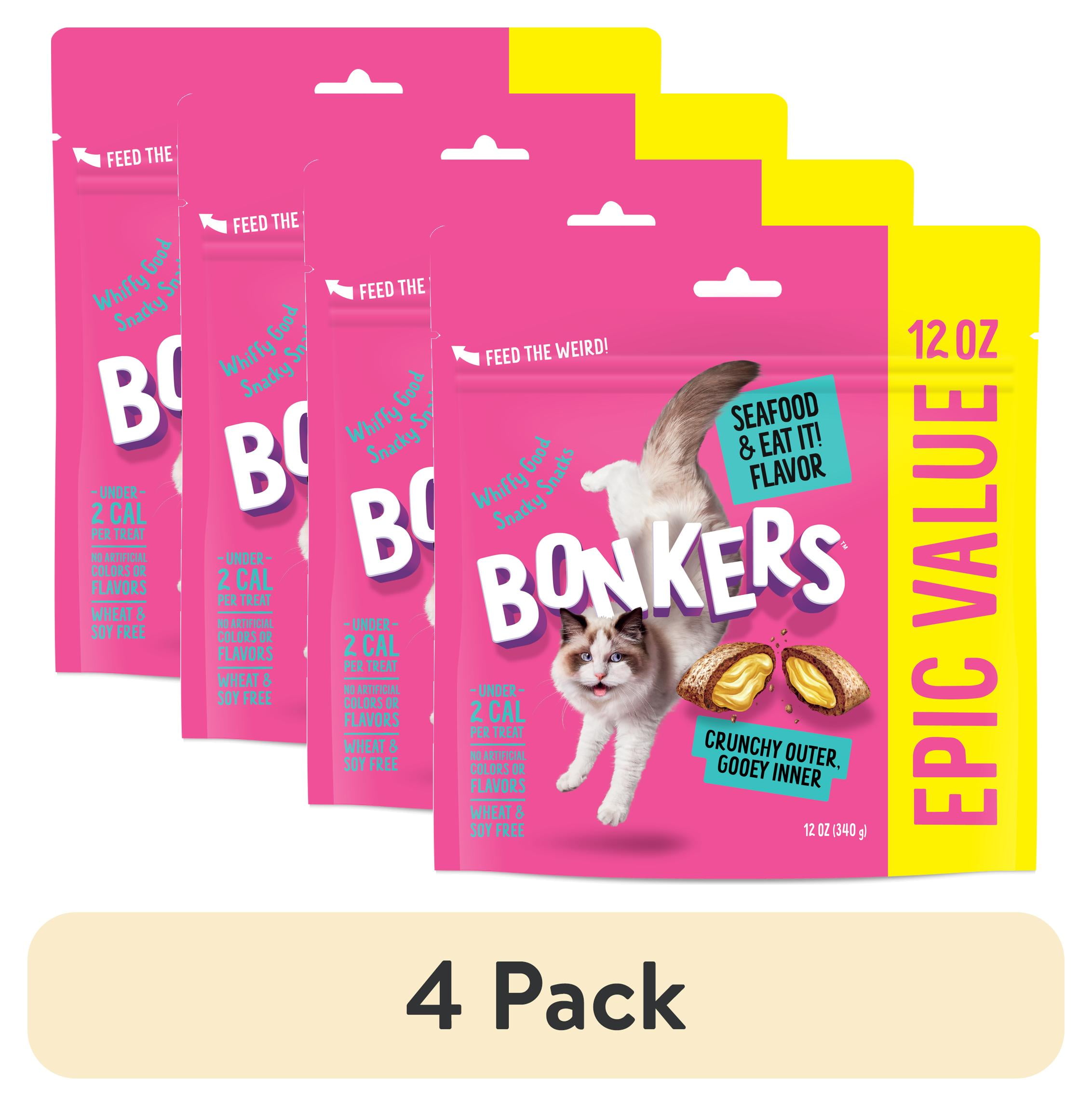 (4 pack) Bonkers Crunchy and Soft Cat Treats Seafood & Eat It! Flavor