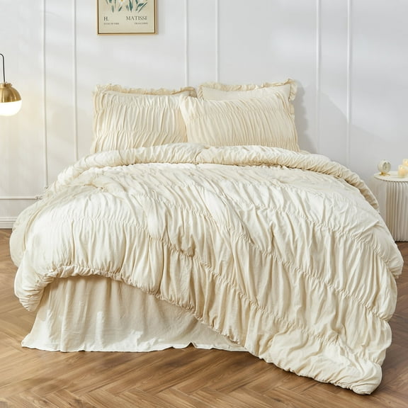 Bonlino Bedding Comforter Set King Bed - 3 Pieces Farmhouse Ruched Comforter King Size Bed Set Boho Shabby Chic Bedding for Bedroom, Fluffy Ruffle Comforter with 2 Pillow Shams (Wheat, King)