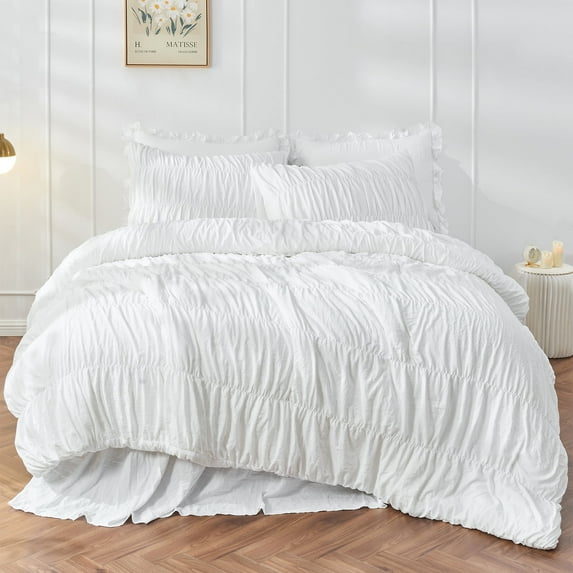 Bedding Comforter Set King Bed - 3 Pieces Farmhouse Ruched Comforter King Size Bed Set Boho Shabby Chic Bedding for Bedroom, Fluffy Ruffle Comforter with 2 Pillow Shams (White, Oversized King)