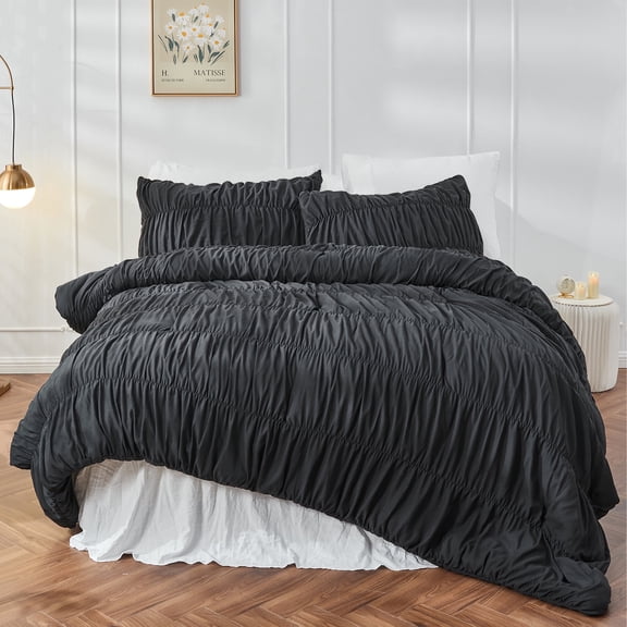 Bonlino Bedding Comforter Set Queen Bed - 3 Pieces Farmhouse Ruched Comforter Queen Size Bed Set Boho Shabby Chic Bedding for Bedroom, Fluffy Ruffle Comforter with 2 Pillow Shams (Black, Queen)