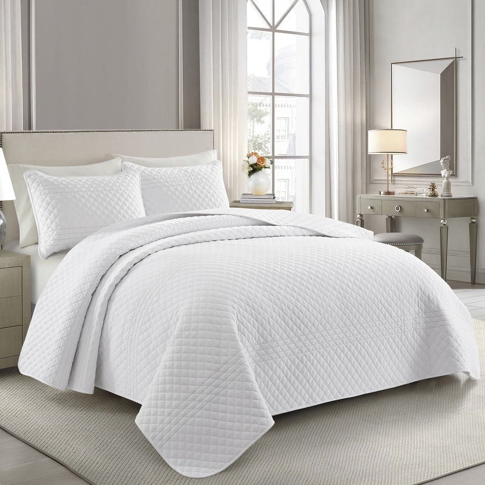 Bonlino Farmhouse Quilt King Set, Lightweight Boho Striped Bedspread with 2 Pillow Shams (White, King)