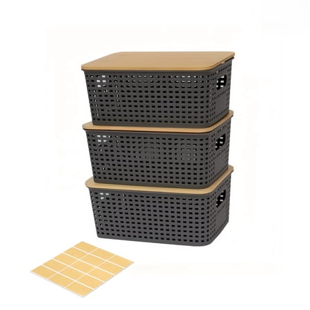 Small Plastic Storage Bins with Bamboo Lids - Decorative Bonlting Storage Containers Stackable Storage Baskets with Label for Shelves Desktop Closet Office Storage and Organization(Grey, 3 Pack)