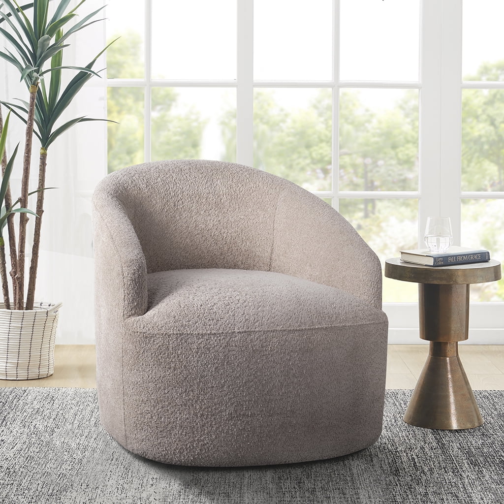 Beige Barrel Swivel Accent Chair with Wood Base