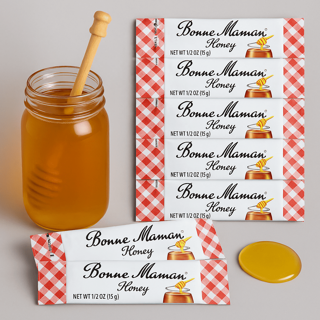 Bonne Maman Honey Sticks deliver natural sweetness in convenient portion packs. Each 0.5 oz stick is perfect for tea, coffee, oatmeal, pancakes, travel, and restaurants.