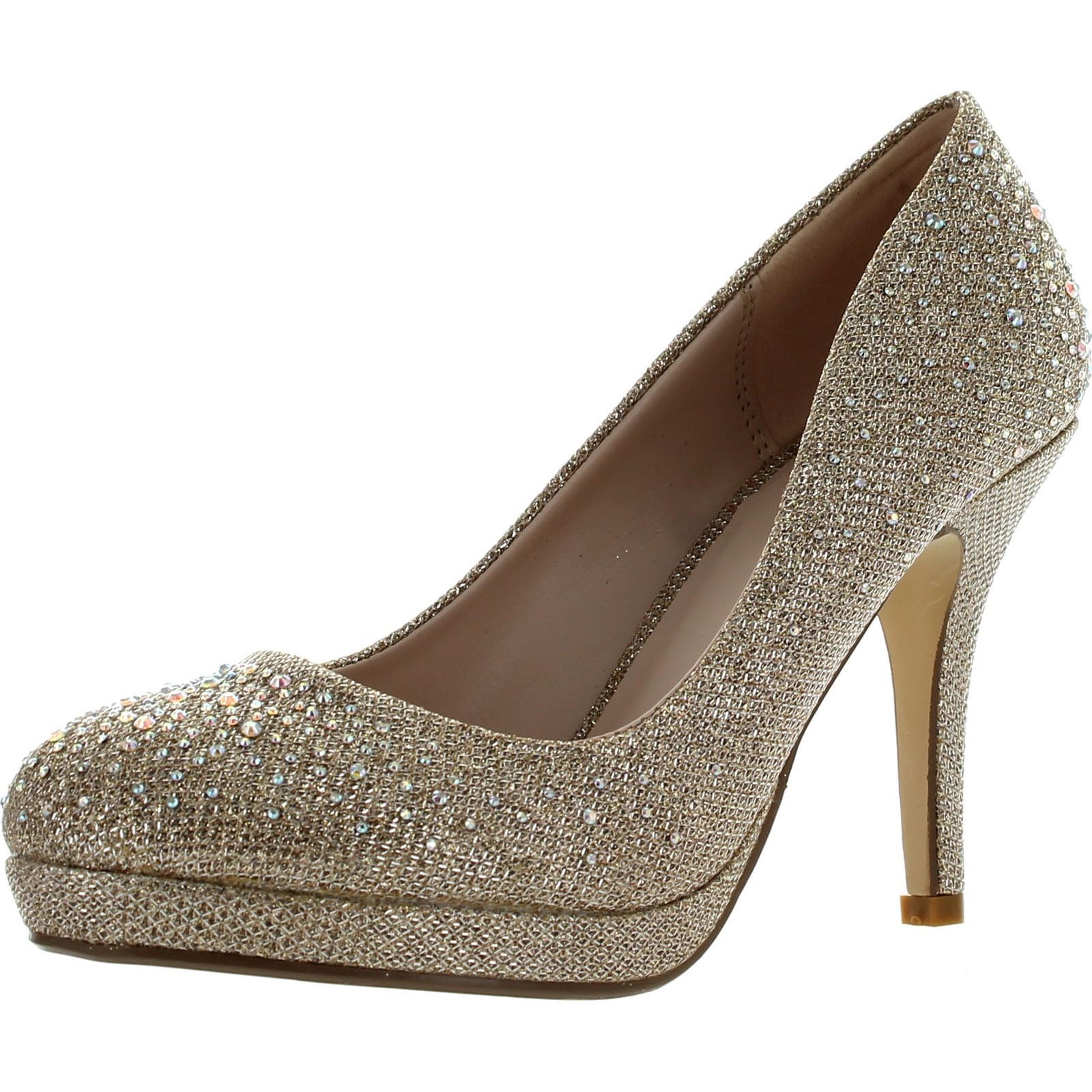 Bonnibel Olga 6 Round Toe Glitter Mesh Rhinestone Studded Low Platform Pump Heels Champagne 6 6.5 Walmart