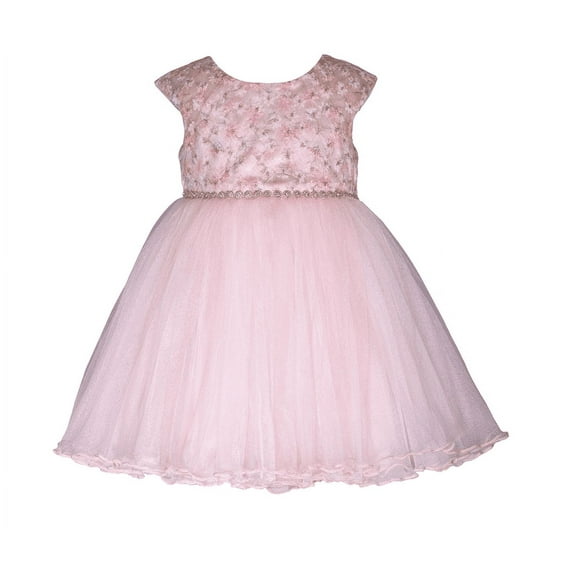 Bonnie Baby Baby Girls Floral Embroidered Dress with Jeweled Waist - Pink