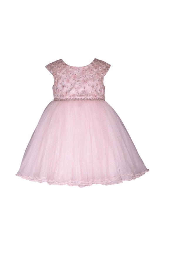 Baby Girls Floral Embroidered Dress with Jeweled Waist - Pink