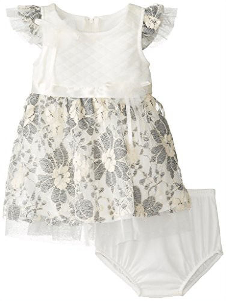 Bonnie Baby Girls' Quilted Knit To Embroidered Lace Dress, Ivory, 12 Months, Girl's, White
