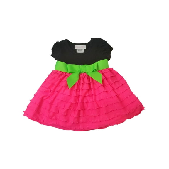 Bonnie Baby Infant Girls Black Neon Pink Ruffle Sundress Sun Dress Sparkly 18M