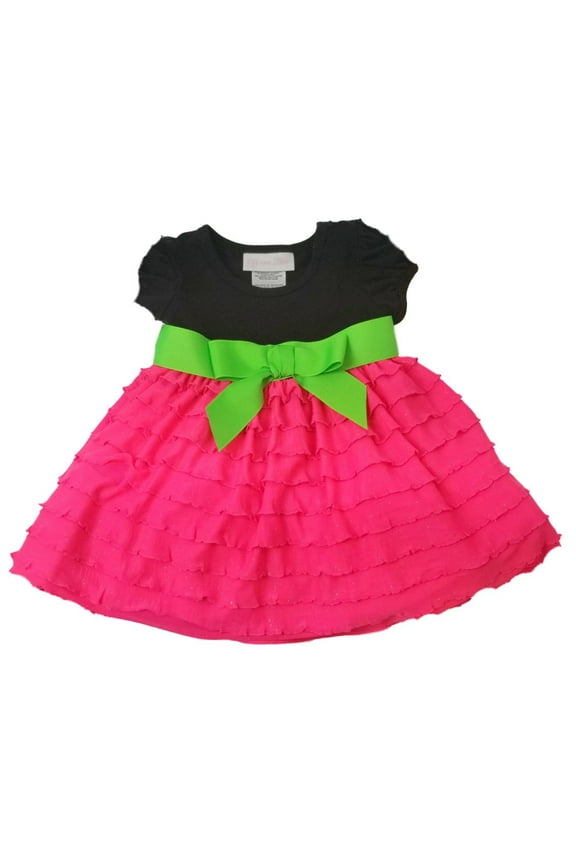 Infant Girls Black Neon Pink Ruffle Sundress Sun Dress Sparkly 18M