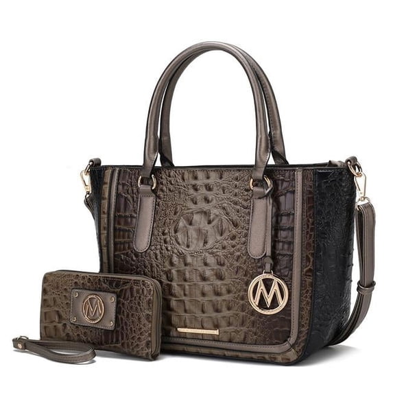 Bonnie Faux Crocodile-Embossed Vegan Leather Women's Satchel Handbag with Wallet 2 pcs