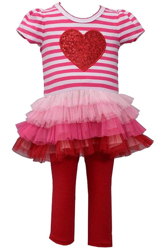 Baby Toddler and Little Girl's Valentine's Day Pink and Red Heart Tunic Shirt and Leggings Set (4, Red)