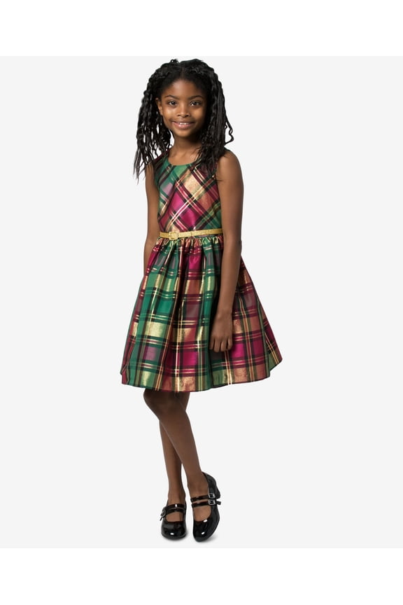 Big Girls Metallic Plaid Dress Gold 14