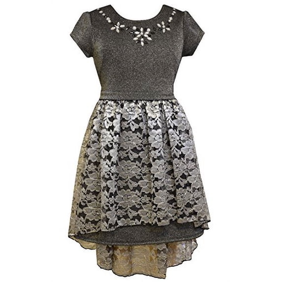 Bonnie Jean Big Girls Tween Knit to Lace Hi-Low Dress, X4-TG16-HOL15, Silver, 7