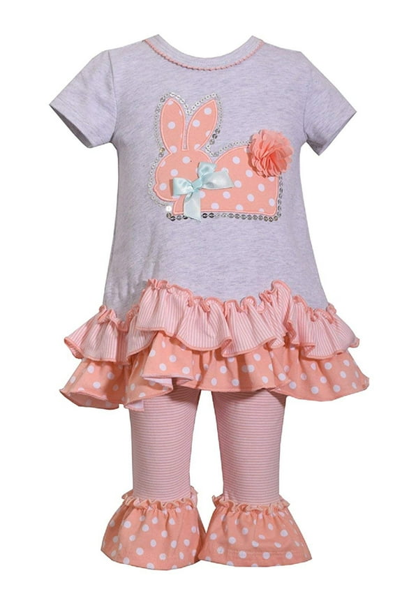 Easter Baby Girls' Appliqued Skirt Dress and Legging Set (6, Peach/Gray)