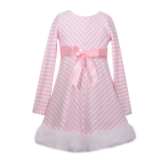 Bonnie Jean Girl's Holiday Winter Dress - Pink and White Stripe Santa Dress, 4